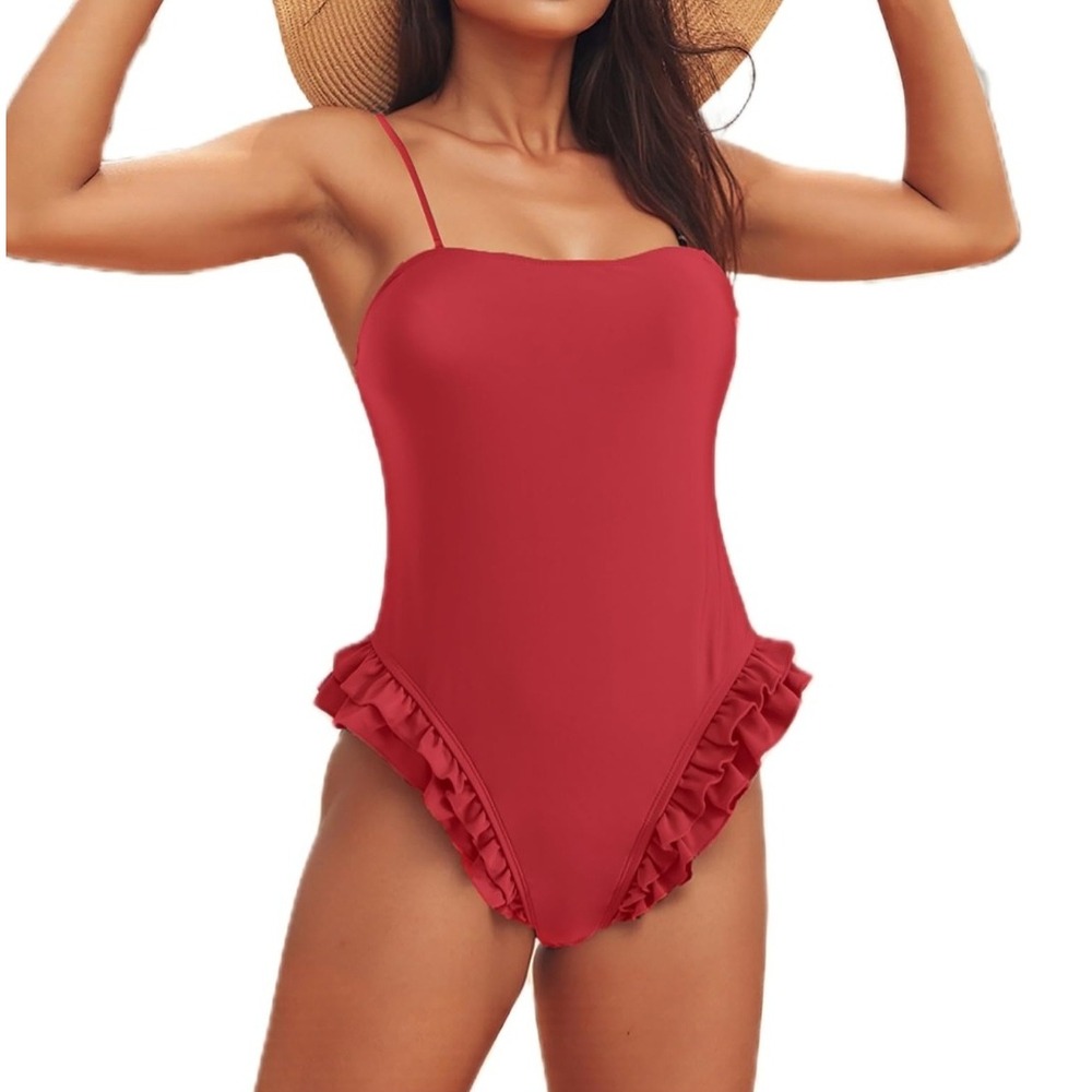 Red Ruffle High Cut One‎ Piece Swimsuit Adjustable Straps Medium
